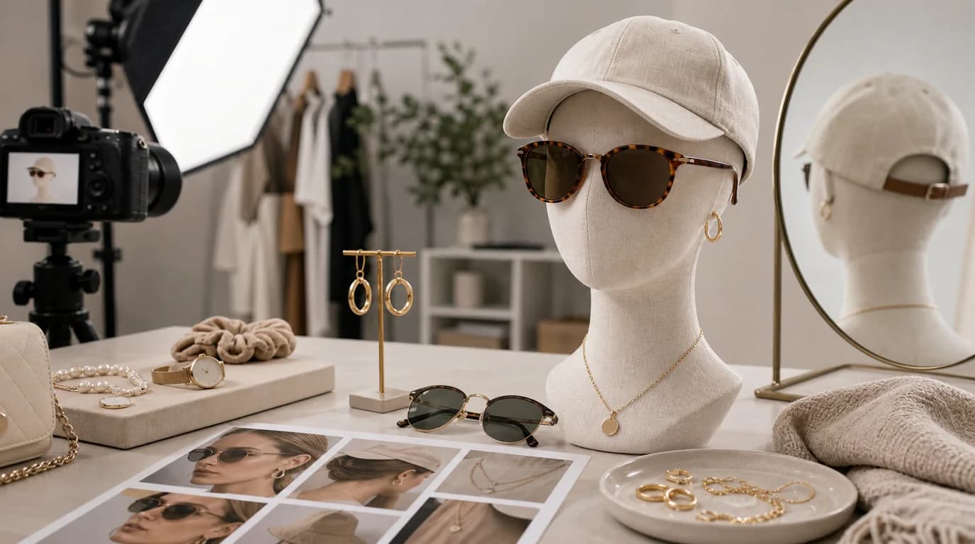 Accessory try-on photo showing earrings, necklace, and sunglasses scale on a model