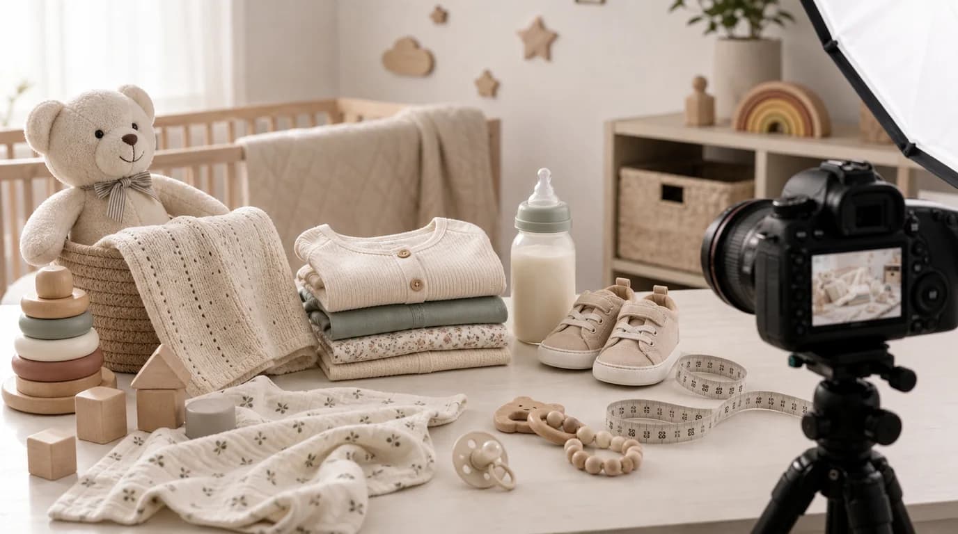 Baby and kids product photography showing soft materials and safe scale