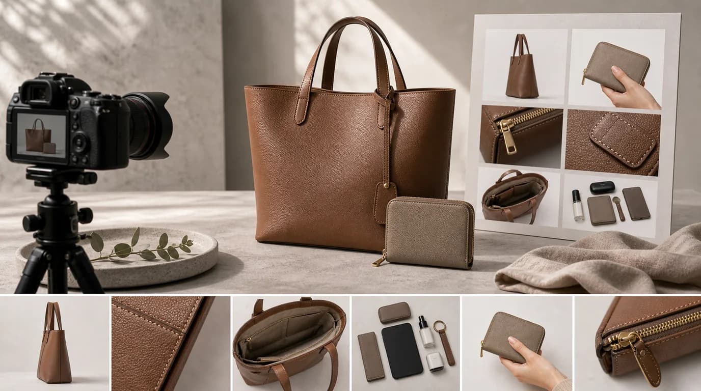 Leather bag and wallet product photos showing scale, hardware, and compartments