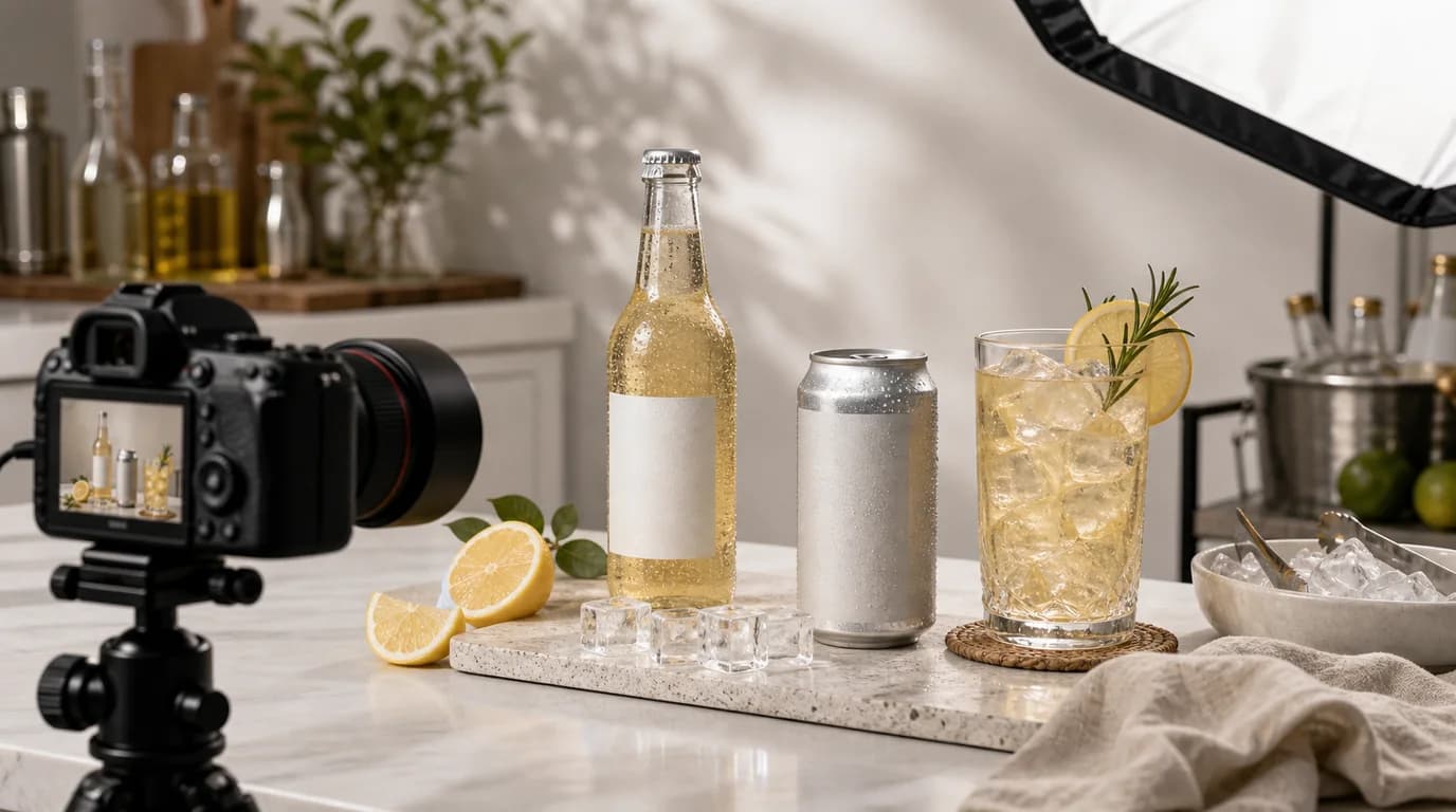 Beverage can and bottle product photography with condensation and label clarity