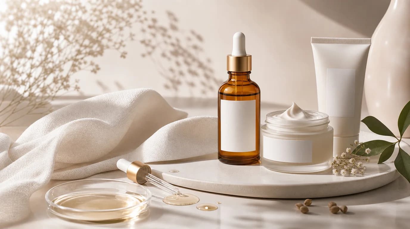 Skincare bottles and cosmetic jars arranged on a clean product photography set