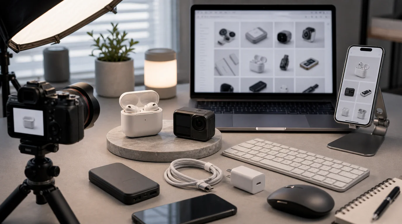 Electronic gadget product photo showing ports, buttons, screen, and accessories