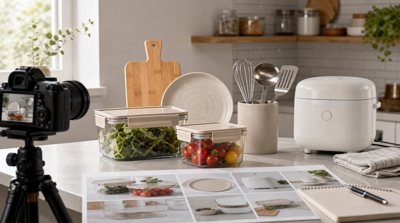 Home and kitchen products styled on a clean counter with visible dimensions and materials