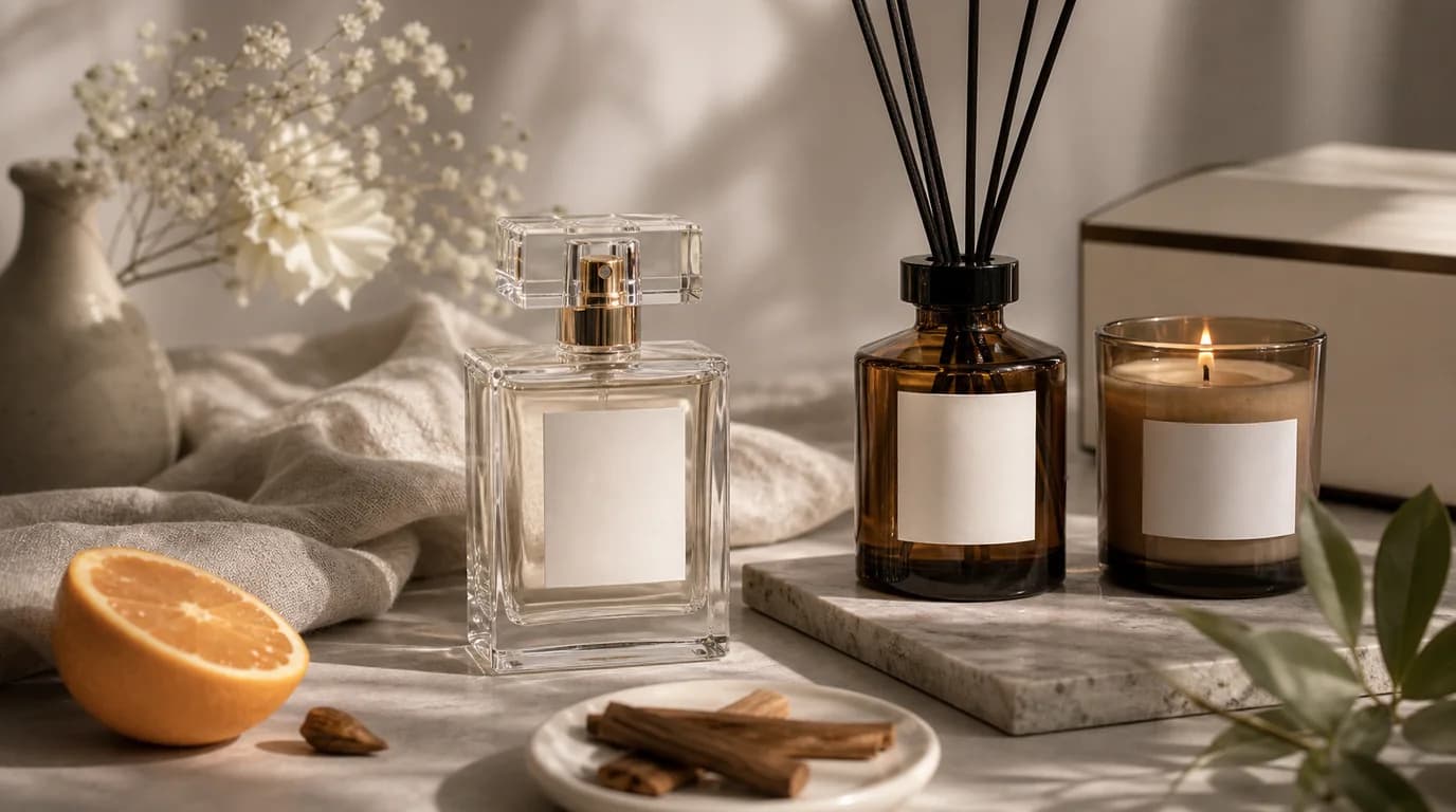 Perfume bottle and reed diffuser styled with controlled reflections