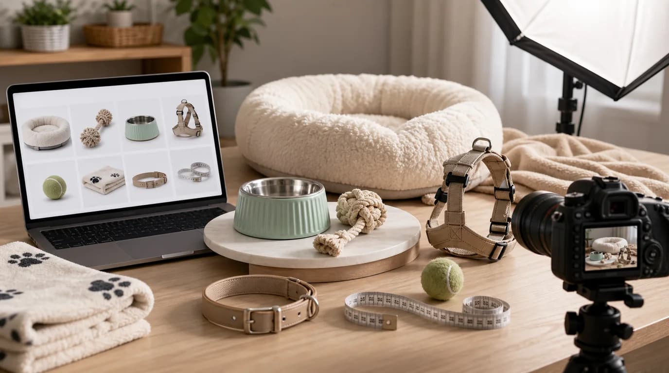 Pet product photo showing a toy, collar, and bowl in a safe home setting