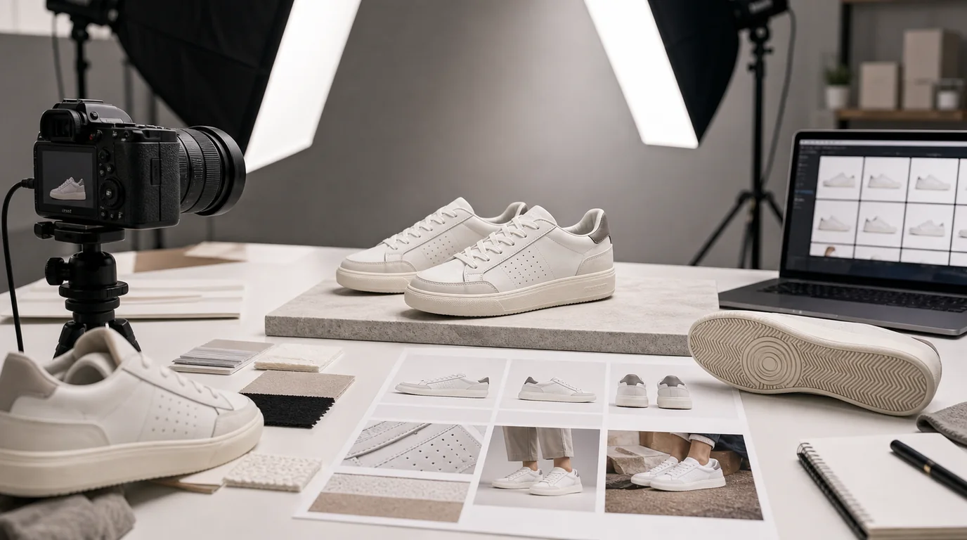 Sneaker product photography showing side profile, sole, and material texture