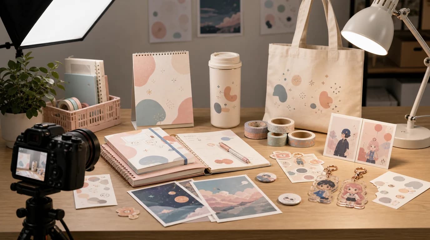 Stationery product photography with notebooks, pens, paper texture, and desk context