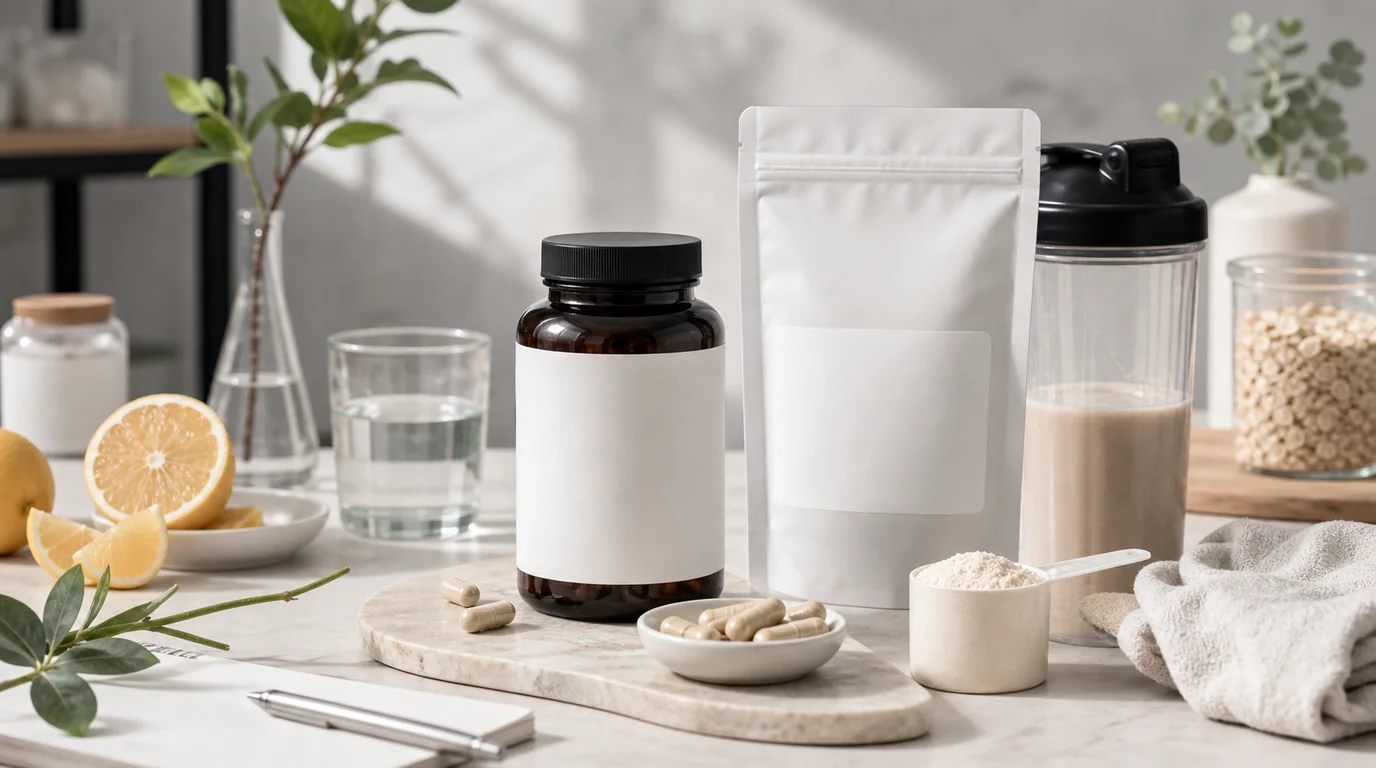 Supplement bottle product image with clear label, capsules, and clean wellness styling