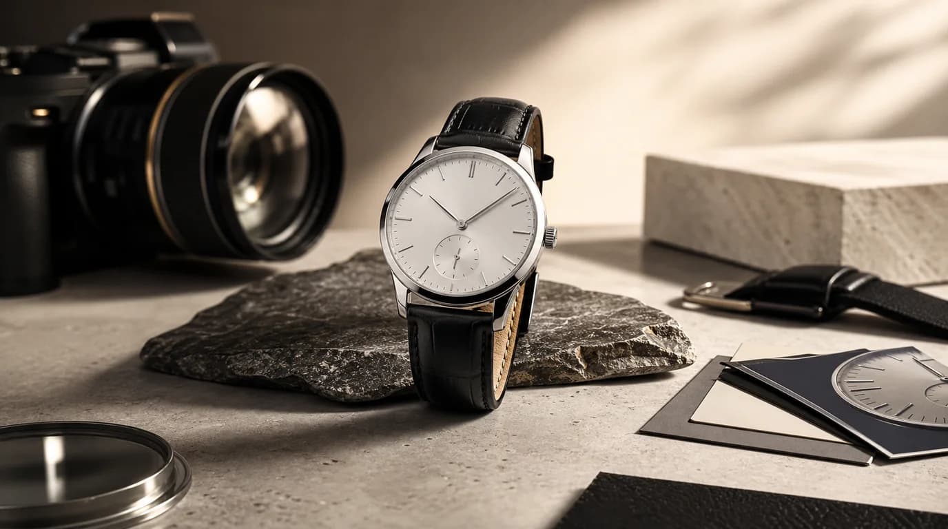 Wristwatch product photo with polished metal reflections and visible dial details