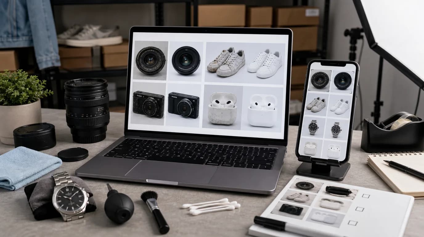 Used eBay product photo cleanup that keeps condition defects visible