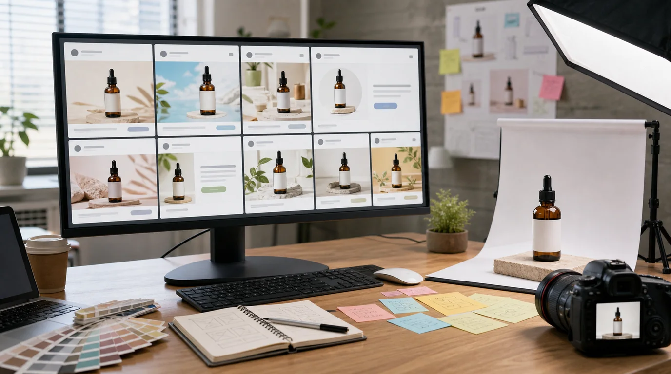 AI-generated product photo variations prepared for Meta ads