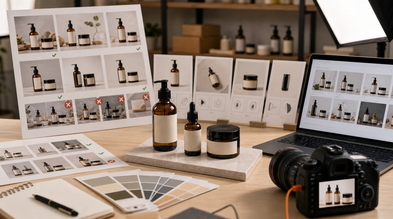 Brand product photo style guide with lighting and background examples