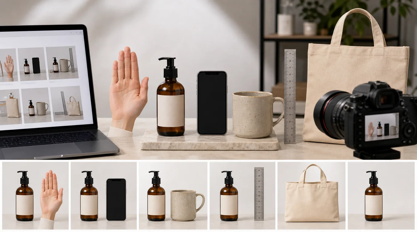 Product scale comparison image with hand and desk reference