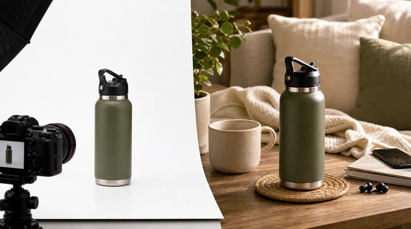 Comparison of a product on a clean white background and in a lifestyle scene