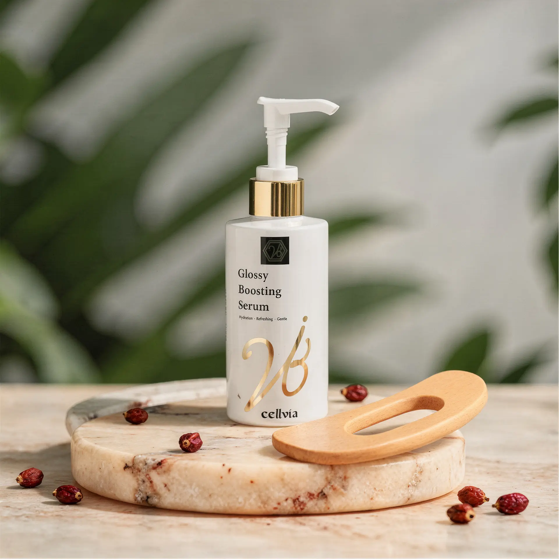 Polished cosmetics product visual on a styled stone set